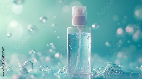 Small Clear Plastic Bottle of Hand Sanitizer with Pump Dispenser Surrounded by Soft Focus Water Droplets on a Mint Green Background