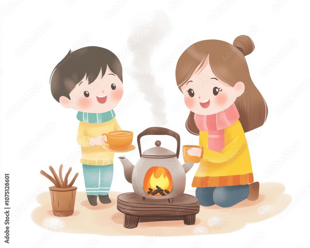 Children enjoying warm drinks by a kettle in a cozy atmosphere. Children enjoying warm drinks by a kettle in a cozy atmosphere.