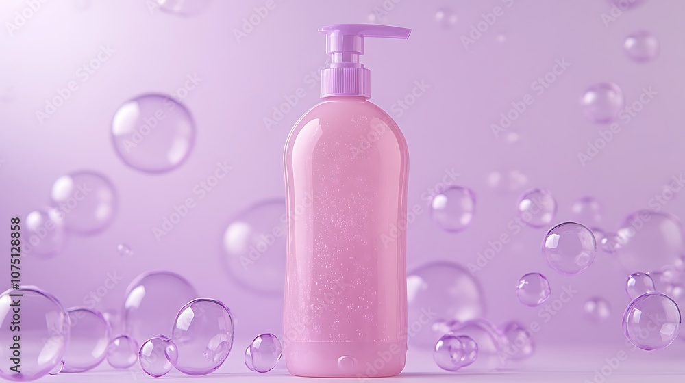 Soft Pink Plastic Bottle of Body Wash Surrounded by Bubbles on a Light Purple Background for Skincare and Hygiene Use Soft Pink Plastic Bottle of Body Wash Surrounded by Bubbles on a Light Purple Background for Skincare and Hygiene Use