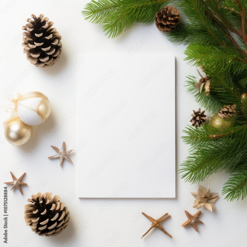 Festive Holiday Frame with Blank Card, Pine Cones, and Golden Ornaments. Christmas Mockup. Greeting Card with Empty Space for Text, Design Festive Holiday Frame with Blank Card, Pine Cones, and Golden Ornaments. Christmas Mockup. Greeting Card with Empty Space for Text, Design