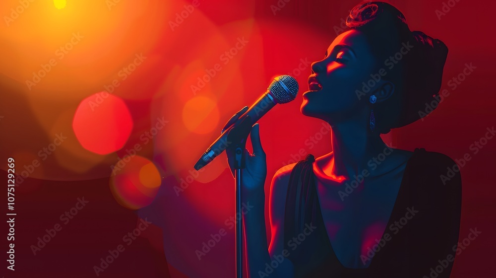 Naklejka premium A woman singing into a microphone with a colorful background. Concept of joy and celebration, as the woman's voice fills the space with energy and enthusiasm