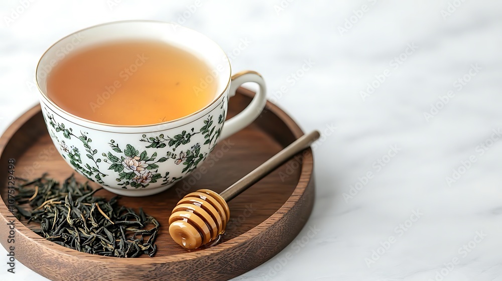 A cozy cup of tea with honey rests on a wooden tray, accompanied by loose tea leaves, set against a light marble background. A cozy cup of tea with honey rests on a wooden tray, accompanied by loose tea leaves, set against a light marble background.