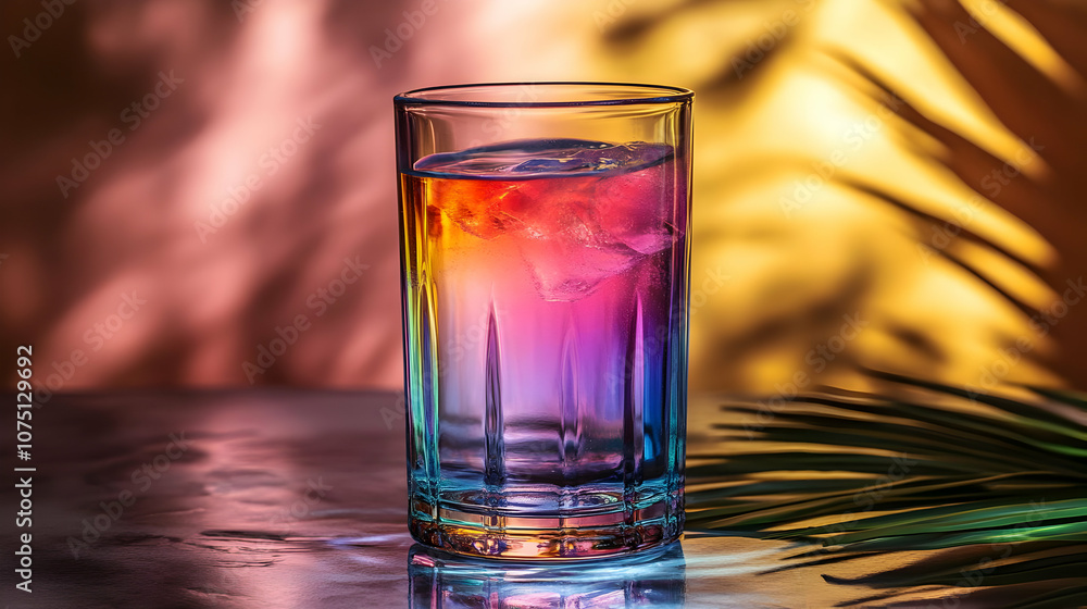 Photo Colorful Gradient Drink, Ice, Palm Leaf Reflection