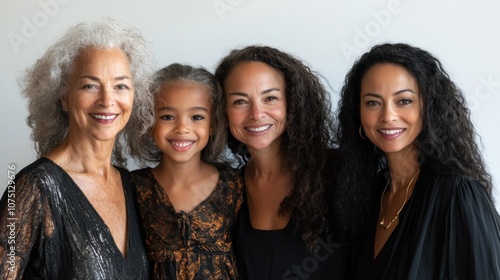 Four generations of women embracing joy and connection in a light-flooded studio, showcasing love and familial ties