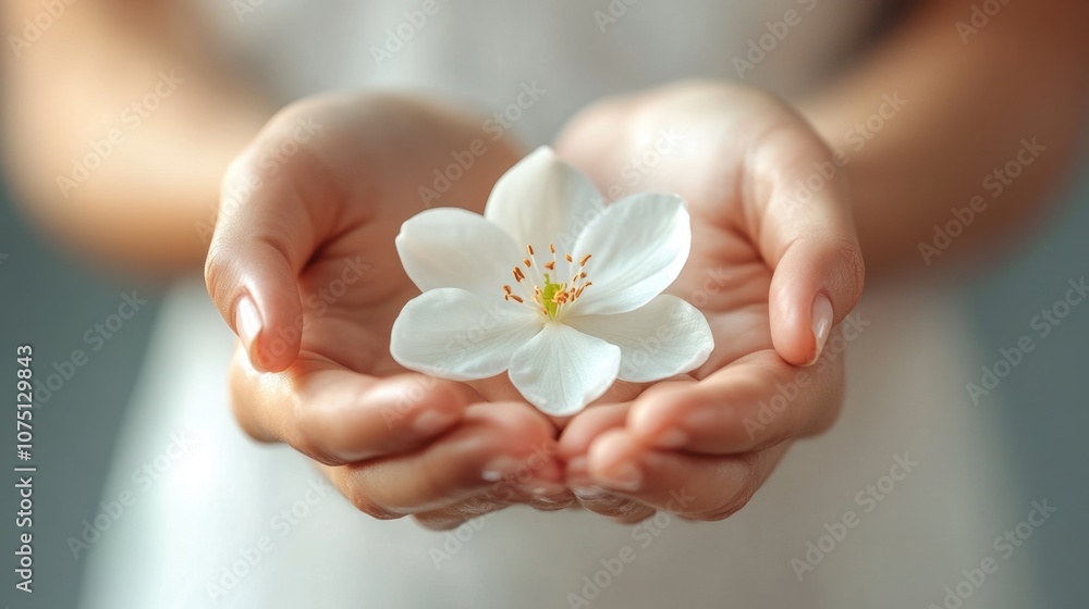 A gentle touch of nature held between two hands as a delicate white flower radiates purity and tranquility in soft light A gentle touch of nature held between two hands as a delicate white flower radiates purity and tranquility in soft light