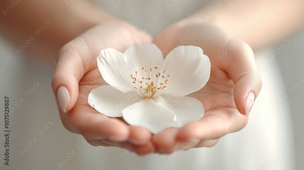 Delicate hands gently cradle a blooming white flower, symbolizing purity and the beauty of nature in springtime light Delicate hands gently cradle a blooming white flower, symbolizing purity and the beauty of nature in springtime light
