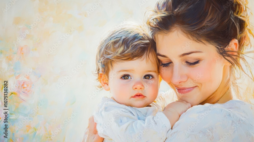 A tender moment of a mother holding her baby in a serene outdoor setting filled with soft light and colorful flowers during springtime A tender moment of a mother holding her baby in a serene outdoor setting filled with soft light and colorful flowers during springtime