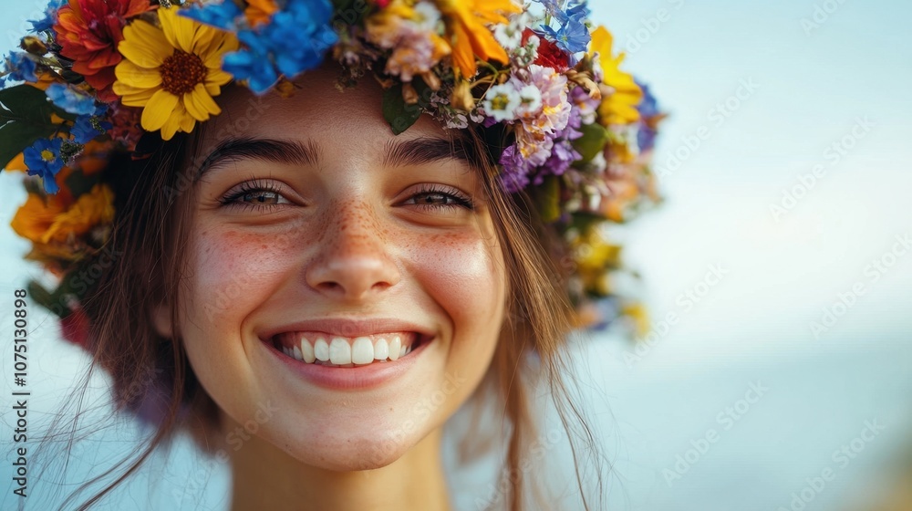 Joyful young woman in a flower crown smiles radiantly against a beautiful sky backdrop on a sunny day Joyful young woman in a flower crown smiles radiantly against a beautiful sky backdrop on a sunny day