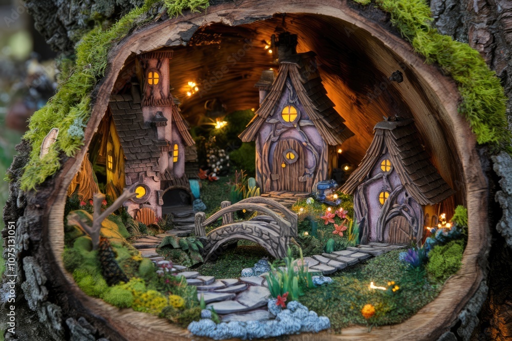 Fototapeta premium Miniature fairy village nestled inside a hollowed out tree trunk.