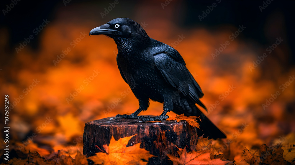 Fototapeta premium Black Raven Perched on a Tree Stump in Autumn, crow, bird, black bird, fall, leaves