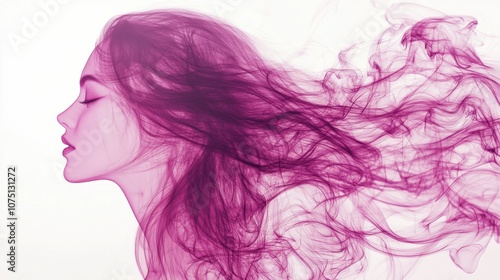 A woman with flowing purple hair gracefully embodies the spirit of tranquility and creativity against a soft white background