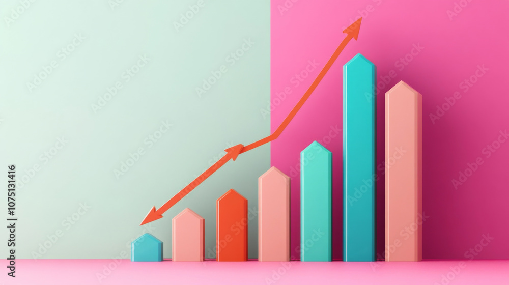 Stylized Sales Performance Graph with 3D Bars and Arrows Illustrating Growth and Success Stylized Sales Performance Graph with 3D Bars and Arrows Illustrating Growth and Success