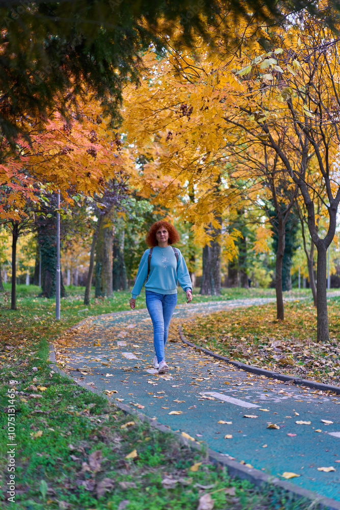 Redhead woman walking in the park in the autumn Redhead woman walking in the park in the autumn