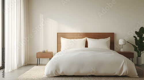 Serene Minimalist Bedroom with Warm Neutral Tones and Cozy Accents