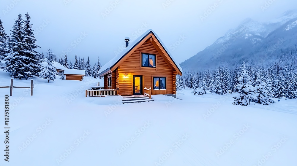 Snowy Mountain Cabin With Warm Lights Snowy Mountain Cabin With Warm Lights