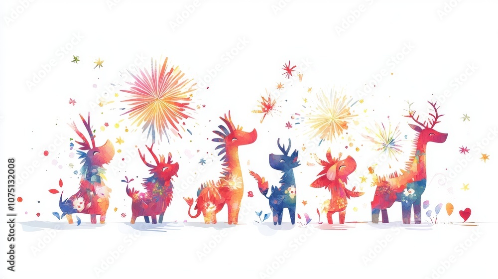 Naklejka premium Colorful art featuring animals celebrating with fireworks and joyful decorations.