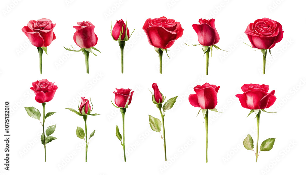 set of red rose flowers watercolor isolated on transparent background cutout set of red rose flowers watercolor isolated on transparent background cutout