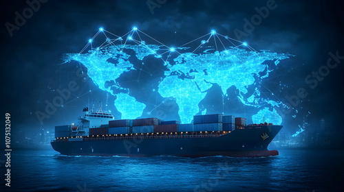 Global Shipping and Logistics Network, world map, container ship, cargo, shipping containers, freight