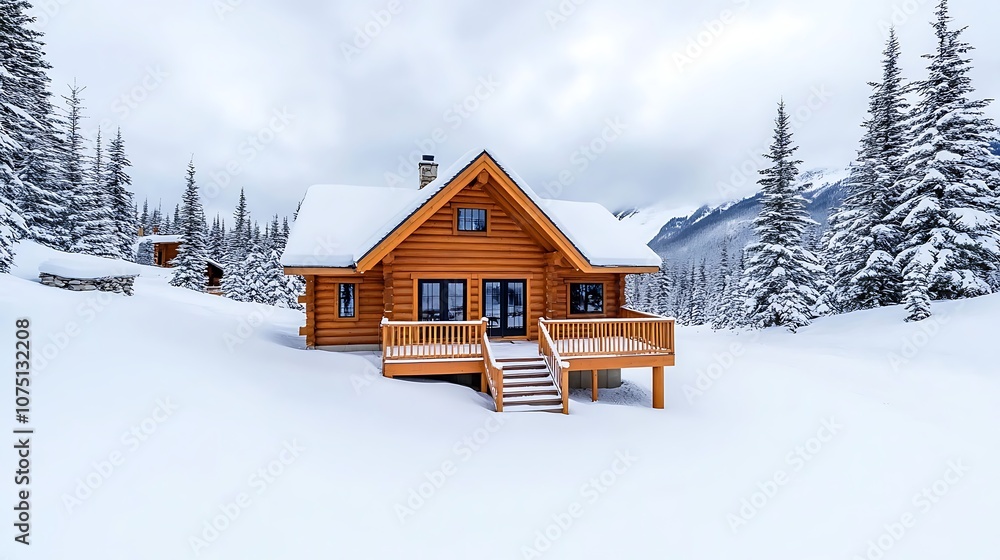 Snowy Mountain Cabin With Deck And Steps Snowy Mountain Cabin With Deck And Steps