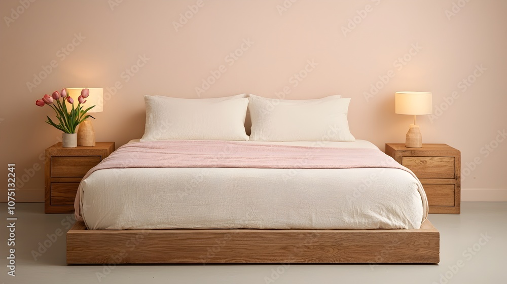 Minimalist Bedroom Oasis with Soft Beige Tones and Warm Lighting Minimalist Bedroom Oasis with Soft Beige Tones and Warm Lighting