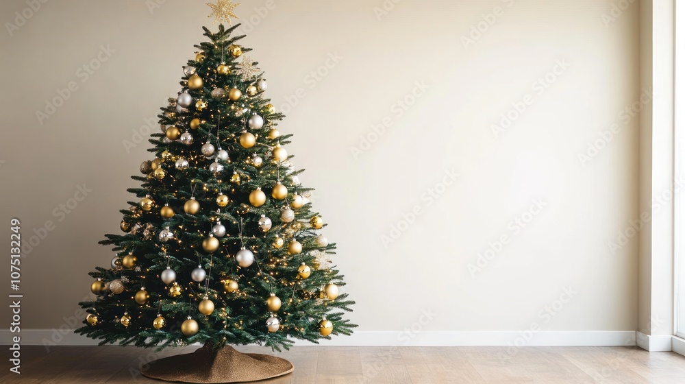 A beautifully decorated Christmas tree with gold and silver ornaments in a cozy room. A beautifully decorated Christmas tree with gold and silver ornaments in a cozy room.
