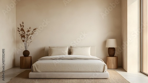 Minimalist Bedroom Sanctuary with Soft Beige Tones and Natural Wood Accents
