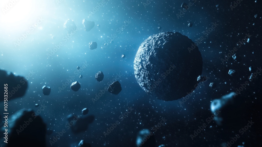 The depicts a cosmic scene with a large meteor rocky planet with smaller asteroids meteorite, illuminated by a distant light in a deep space environment. The depicts a cosmic scene with a large meteor rocky planet with smaller asteroids meteorite, illuminated by a distant light in a deep space environment.