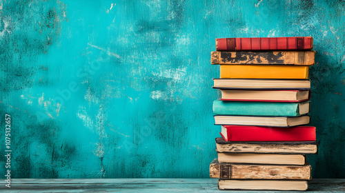 Stack of Books on Blue Wooden Background, Pile, Literature, Education, Learning, Knowledge