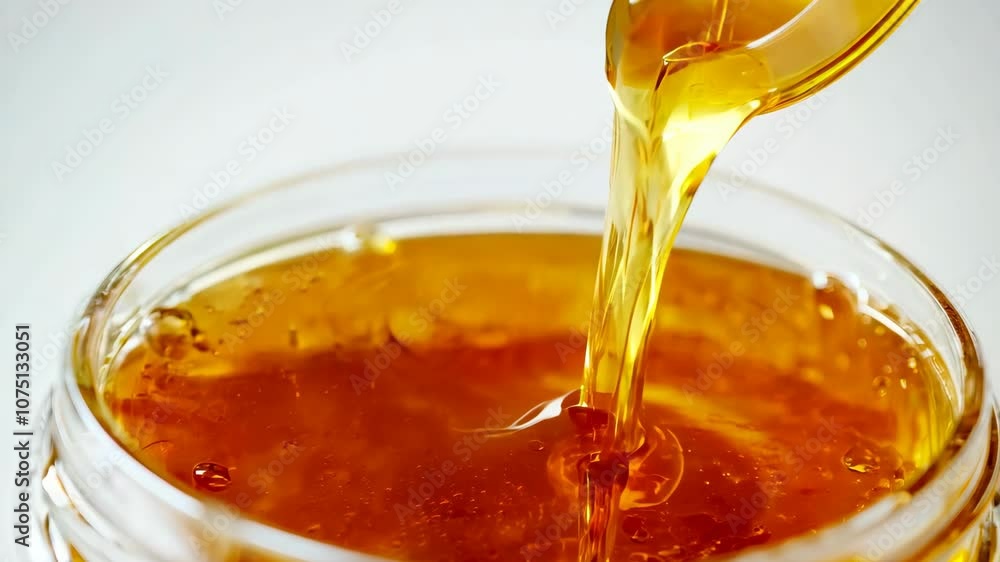 A jar of honey is poured into a glass A jar of honey is poured into a glass