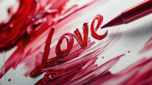 Crafting a heartfelt message of love with vibrant red paint on canvas during a creative art session photo