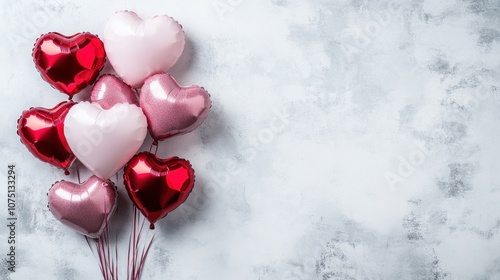 Charming heart-shaped balloons in red and pink on a textured gray background, ideal for celebrating love and affection