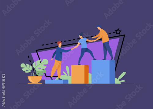 Employees giving hands and helping colleagues to walk upstairs. Team giving support, growing together. Vector illustration for teamwork, mentorship, cooperation concept