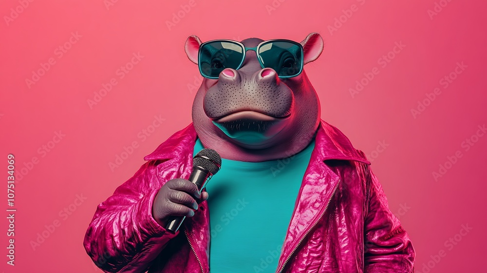 Snarky 3D Baby Hippo Wearing Sunglasses and Pink Jacket Holding Microphone Against a Bright Pink Background for Fun and Creative Projects Snarky 3D Baby Hippo Wearing Sunglasses and Pink Jacket Holding Microphone Against a Bright Pink Background for Fun and Creative Projects