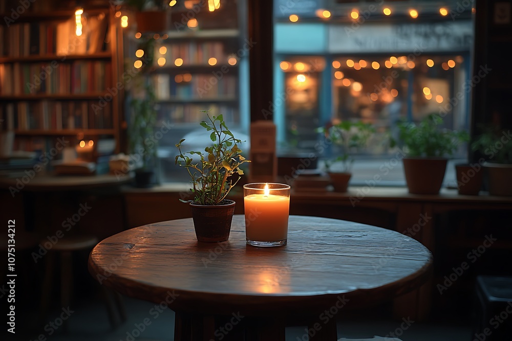 Cozy cafe table with a lit candle and potted plant, set against a warm, inviting background of books and string lights Cozy cafe table with a lit candle and potted plant, set against a warm, inviting background of books and string lights