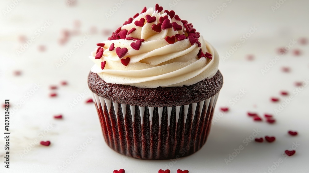 A delicious red velvet cupcake adorned with heart-shaped sprinkles on a charming tabletop, perfect for celebrations and special moments A delicious red velvet cupcake adorned with heart-shaped sprinkles on a charming tabletop, perfect for celebrations and special moments