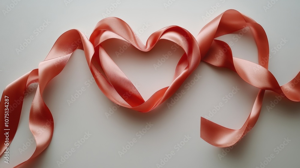 Delicate pink ribbon artfully shaped into a heart on a soft white background, symbolizing love and creativity Delicate pink ribbon artfully shaped into a heart on a soft white background, symbolizing love and creativity