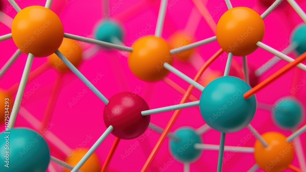 Obraz premium A vibrant molecular structure illustration featuring colorful atoms connected by bonds against a pink background.