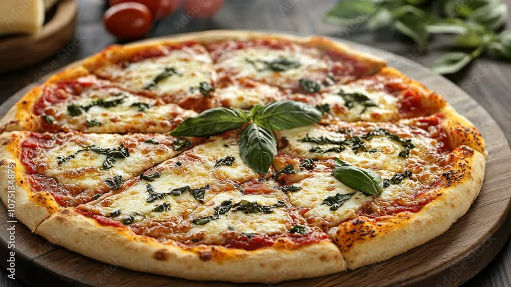 A freshly baked pizza with mozzarella cheese and basil on a wooden board A freshly baked pizza with mozzarella cheese and basil on a wooden board