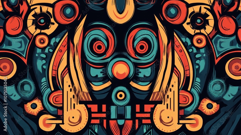 Fototapeta premium An abstract geometric pattern design showcasing a fusion of shapes and colors typically associated with Cinco de Mayo and Mexican fiestas. The illustration includes bold lines and intricate details