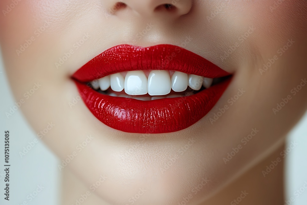 Obraz premium Close-up of a woman's smile with red lipstick
