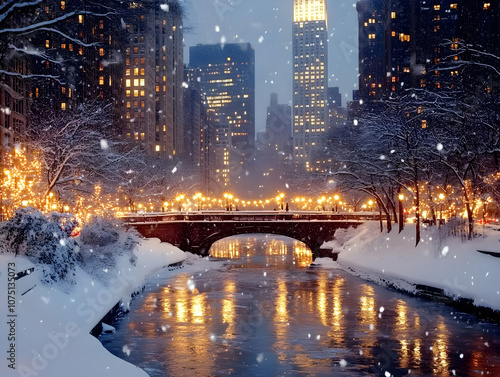 Photo Winter Night Snow Cityscape Bridge River Lights New York