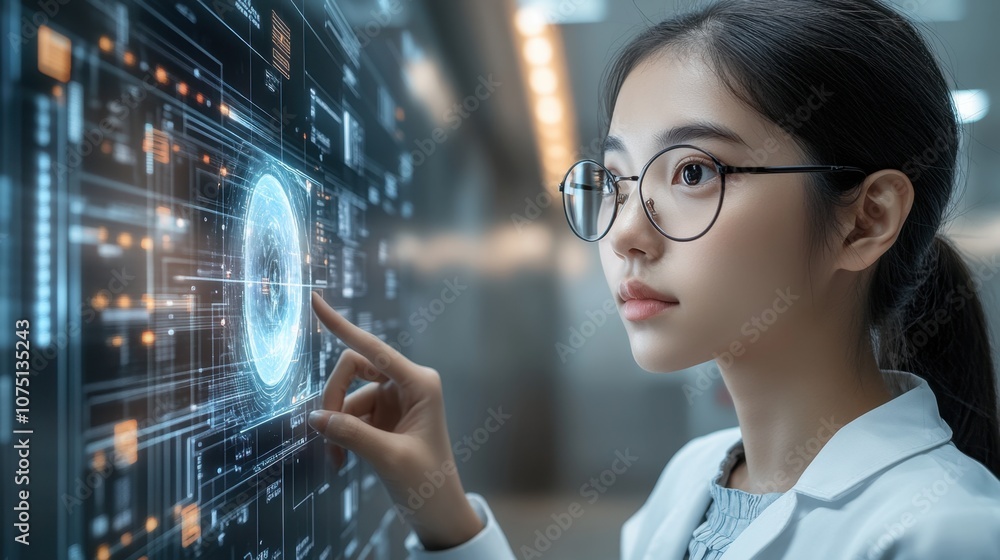 Female Researcher in a Futuristic Research Center Female Researcher in a Futuristic Research Center