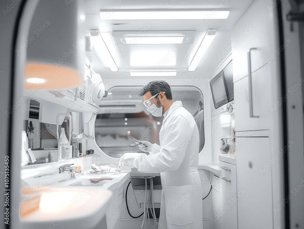 Scientist working in mobile laboratory with advanced medical equipment in a highly sanitized environment Scientist working in mobile laboratory with advanced medical equipment in a highly sanitized environment