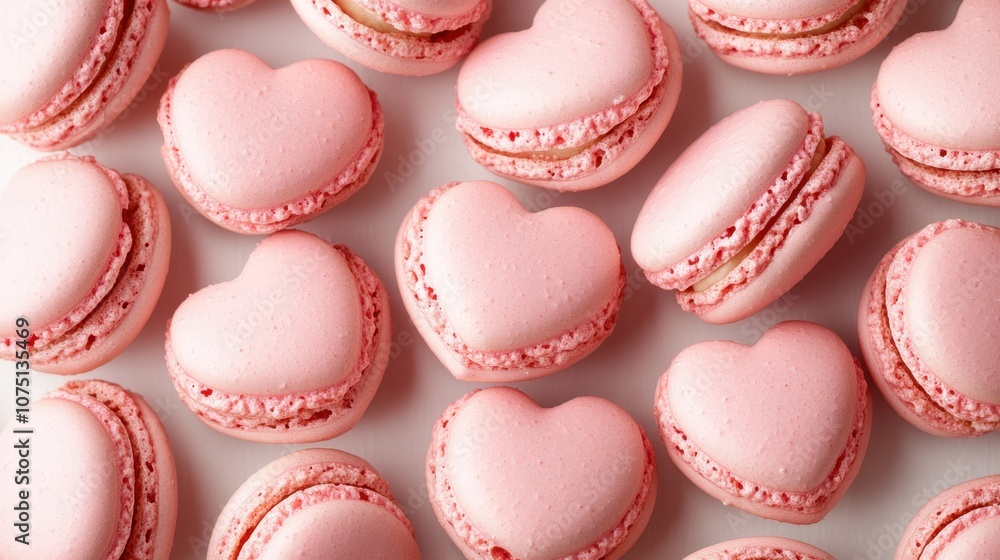 Fototapeta premium Delightful heart-shaped pink macarons arranged beautifully on a white surface, perfect for celebrations or sweet treats