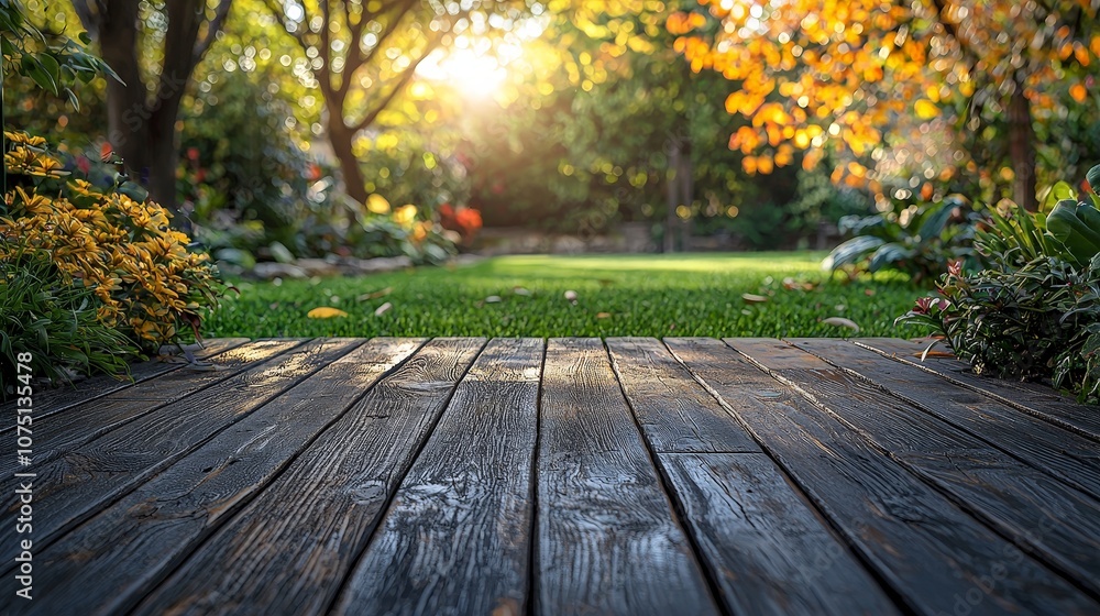 A serene garden scene with wooden planks and vibrant autumn foliage. A serene garden scene with wooden planks and vibrant autumn foliage.