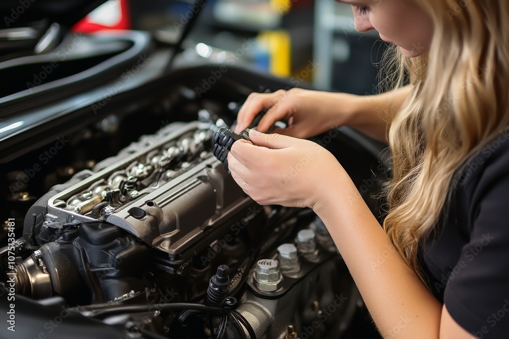 Female hands working on the engine of a fast car. Female hands working on the engine of a fast car.