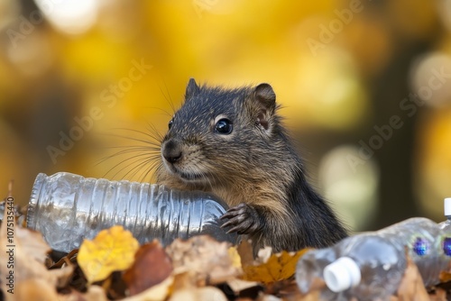 Forest animals cautiously navigating around plastic bottles their habitat invaded by waste. photo