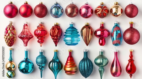 A set of colorful Christmas ornaments with different shapes and sizes, isolated on white background