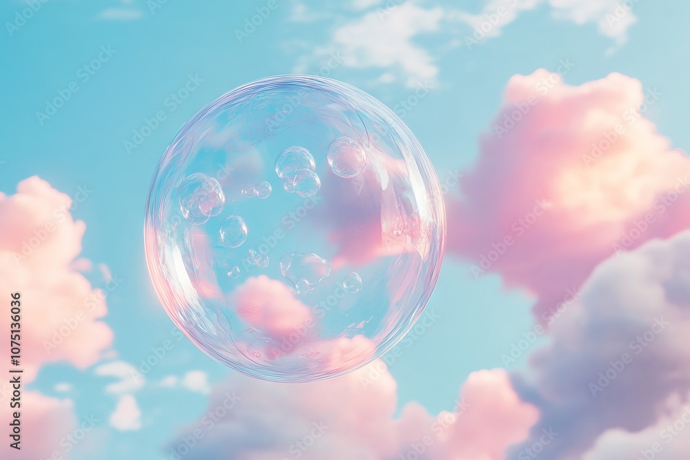 Dreamy Soap Bubble Floating Amidst Pink Clouds in a Soft Sky. AI generated illustration Dreamy Soap Bubble Floating Amidst Pink Clouds in a Soft Sky. AI generated illustration