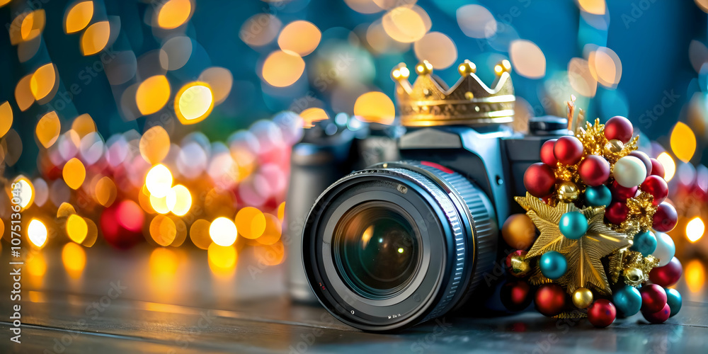 Cinematic Bokeh Lights with Reyes Magos and Festive Banners for Celebrations, Stock Photo Concept for Advertisements and Magazine Covers with Text Space Cinematic Bokeh Lights with Reyes Magos and Festive Banners for Celebrations, Stock Photo Concept for Advertisements and Magazine Covers with Text Space